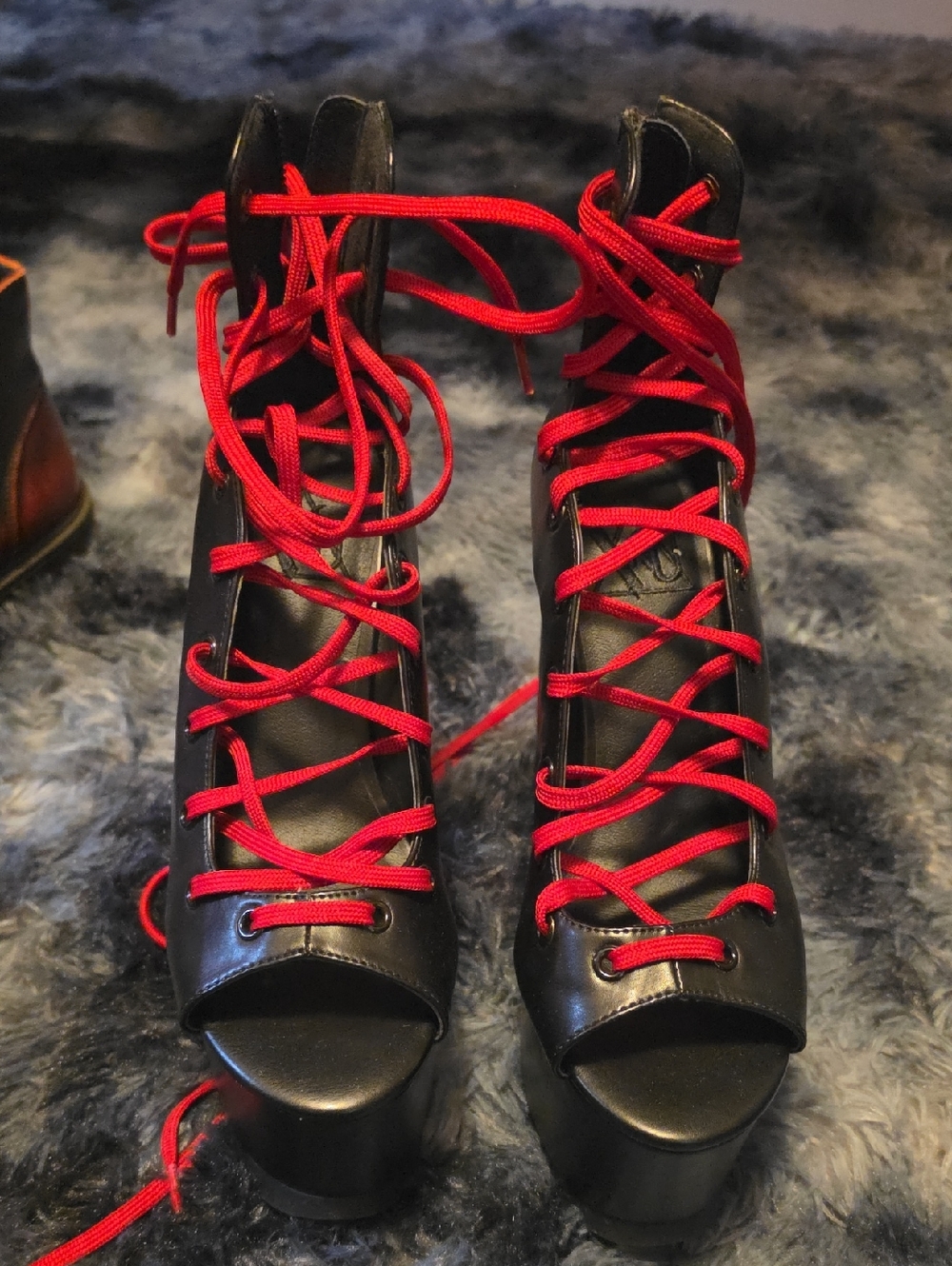 Black Platform Peep-Toe Lace-Up Heels with Red Laces